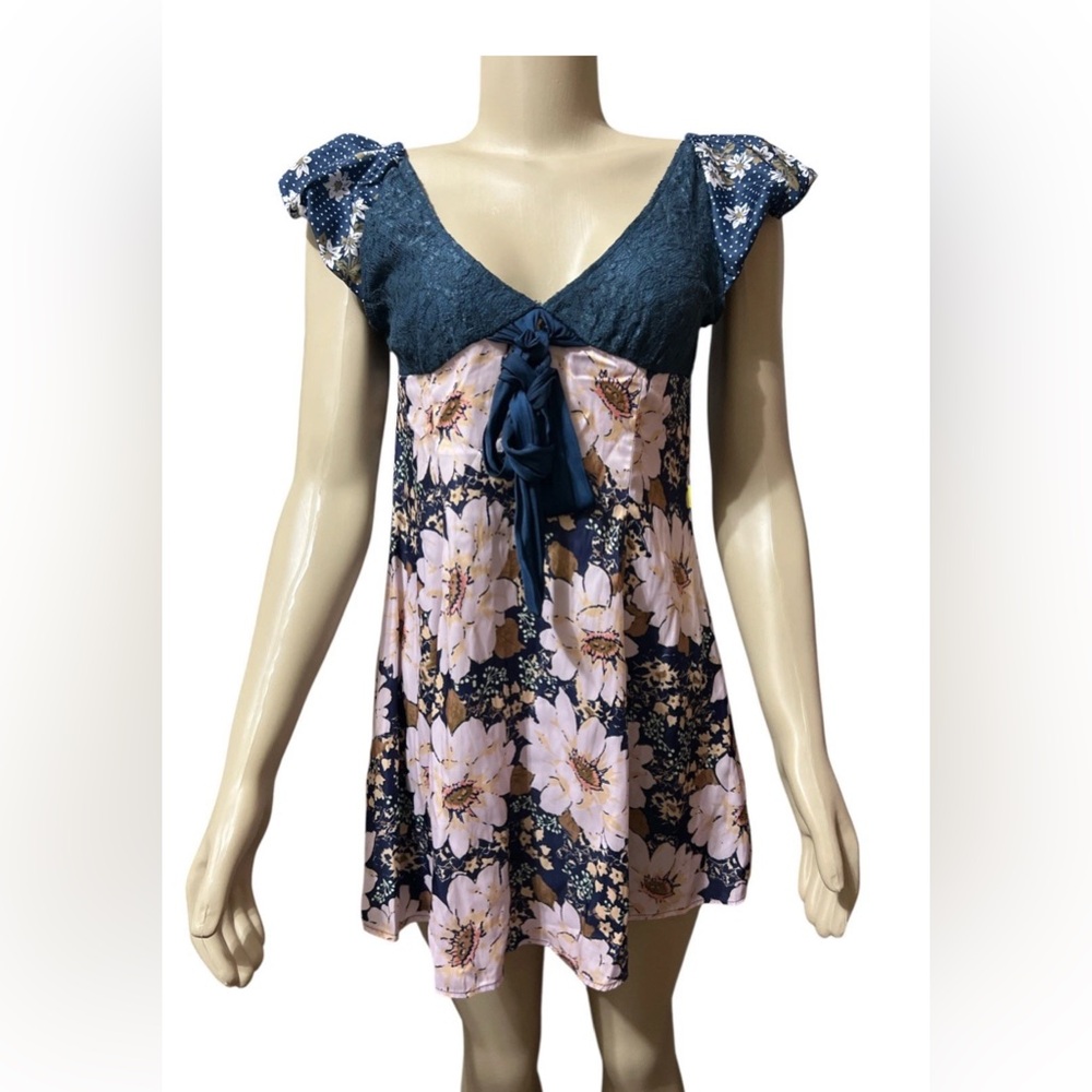 Free People Aurora XS Dress Relaxed Floral A-line Mini Navy Combo NWOT $148 - Picture 2 of 8